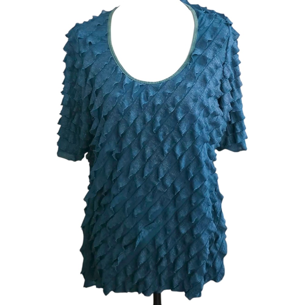 New Directions Woman Teal Tiered Ruffle Shimmer Top Plus 2X Short Sleeve Stretch